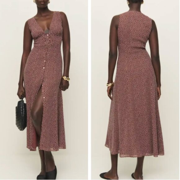 Reformation Ceara Midi Dress Sz6 Choco Dot Polka V Neck French Causal Summer - Picture 1 of 10